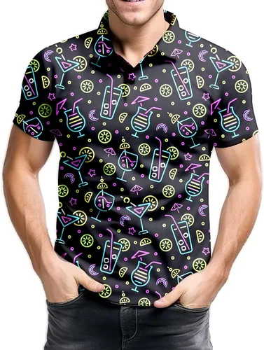 Vista 3 de Camisa de golf de los años 80 para hombre, ajuste seco, manga corta, estampada, divertidas, camisas de golf de los años 90 para hombre