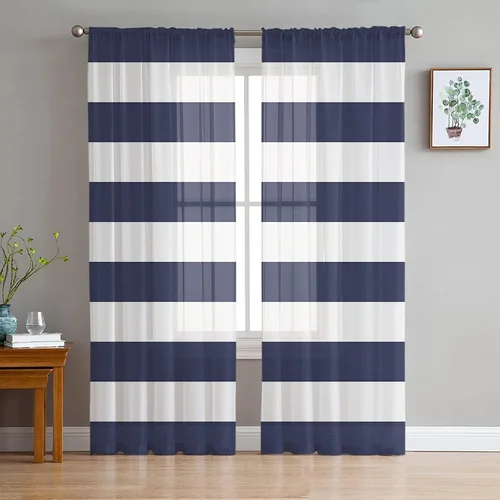 Vista 7 de Cortinas transparentes de rayas azules y blancas de 45 pulgadas de largo, juego de 2 paneles de cortinas semitransparentes con bolsillo para barra