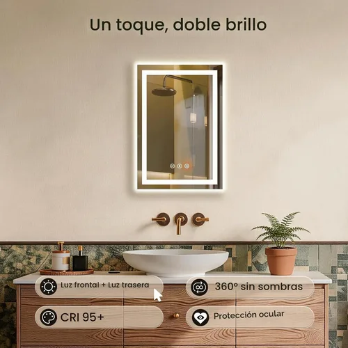 Vista 4 de Espejo de baño LED de 16 x 24 pulgadas con luces, antiniebla, retroiluminado + luz frontal, espejo de tocador de baño iluminado para pared, función