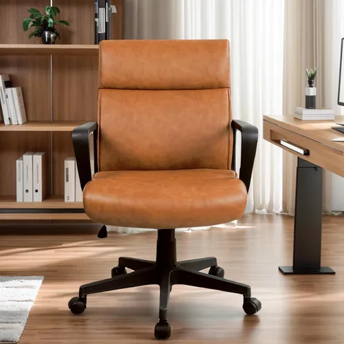Vista 3 de Artswish Silla de oficina de cuero marrón, silla ergonómica de computadora con brazos de ruedas, silla de trabajo ajustable giratoria de 360°