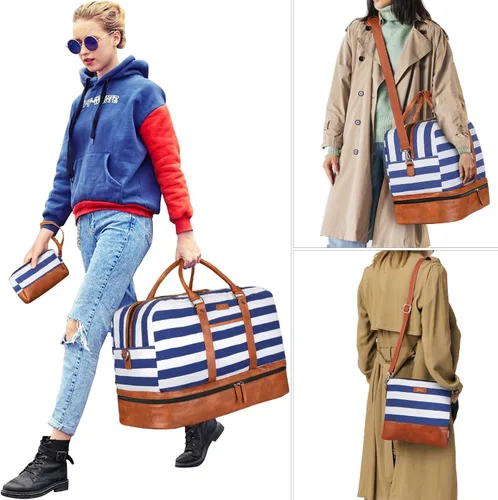 Vista 2 de Bolsa de viaje de lona grande para mujer bolsa de viaje de lona con compartimento para zapatos de 21 pulgadas para mujeres y hombres juego de 3