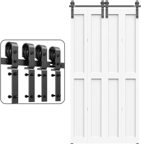 Vista 9 de ROOMTEC Kit de riel de hardware para puerta corrediza de granero biplegable de 2.5 pies, kit de rodillos negros para 2 puertas, forma de J
