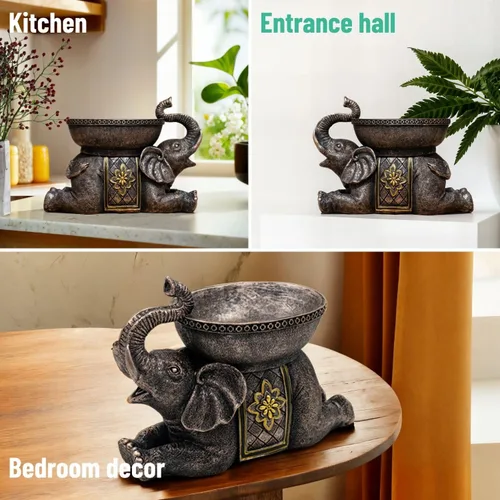 Vista 5 de Escultura de resina decorativa de elefante con bandeja, figura de animal de estilo antiguo para el hogar, oficina, estantería, soporte de TV, regalo