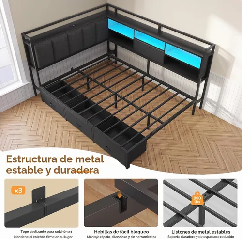 Vista 9 de Estructura de cama de esquina completa con 4 cajones, estantería y cabecero Negro
