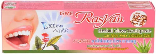 Vista 3 de Nuevo Pasta de dientes con clavo de hierbas Isme Rasyan Extra White con Aloe Vera y Hoja de Guayaba (3.53 oz.)