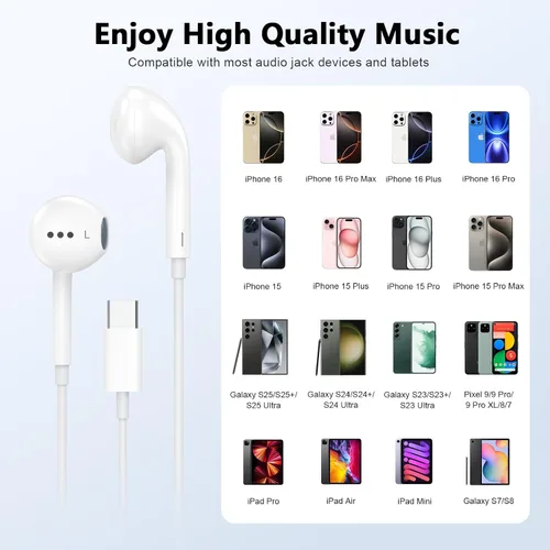 Vista 5 de USB C Headphones for iPhone 17 16 15,2 Pack USBC Type C Earphones Microphone & Remote Control Noise Cancelling Wired Earbuds for Apple iPhone 17