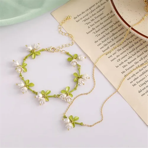 Vista 2 de Caiyao Lily of The Valley - Juego de collar de hojas de rosa y aretes colgantes para mujeres, mamá, amiga, madre, vintage, cadena de borla, collar