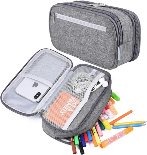 Vista 8 de Estuche para lápices de gran capacidad, bolsa grande de almacenamiento para lápices, bolsa con 3 compartimentos multifuncionales, estuches para Negro