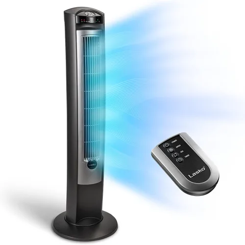 Vista 5 de Lasko Ventilador de pedestal oscilante, mando a distancia, 3 velocidades, 18 pulgadas, negro, 1843 y ventilador de torre oscilante silencioso