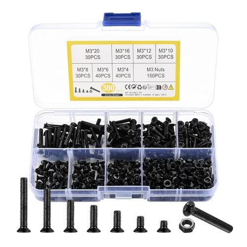 Vista 8 de Kit de tornillos y tuercas de cabeza plana M4, 275 piezas de tornillos y tuercas Phillips de cabeza cuadrada negra, kit surtido de tornillos