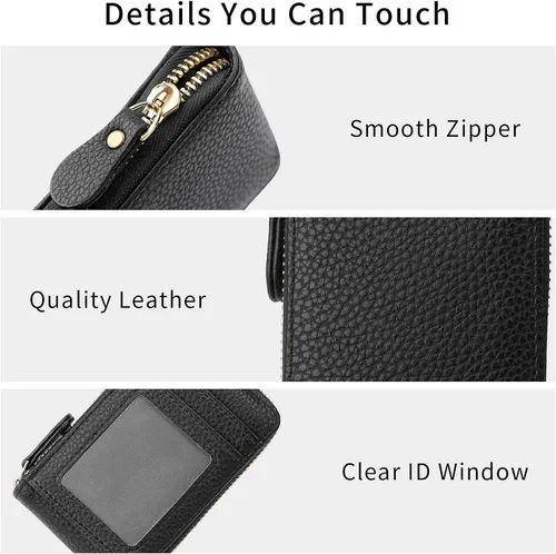 Vista 6 de RNIEGA Cartera pequeña para tarjetas de crédito, ligera, de cuero vegano, acordeón con cremallera, cartera para tarjetas de moda Rfid para mujer