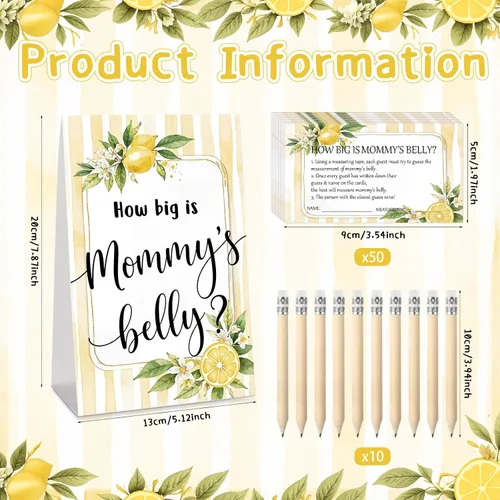 Vista 33 de Sabary 64 Piezas Juegos de Baby Shower Incluyen Letrero How Big is Mommy's Belly Sign Measure Bump Game 50 Tarjetas 10 Lápices 3 Cintas Métricas