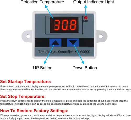 Vista 2 de UMLIFE 2 piezas XH-W3001 módulo controlador de temperatura LED digital, interruptor termostato digital con sonda impermeable, termostato electrónico