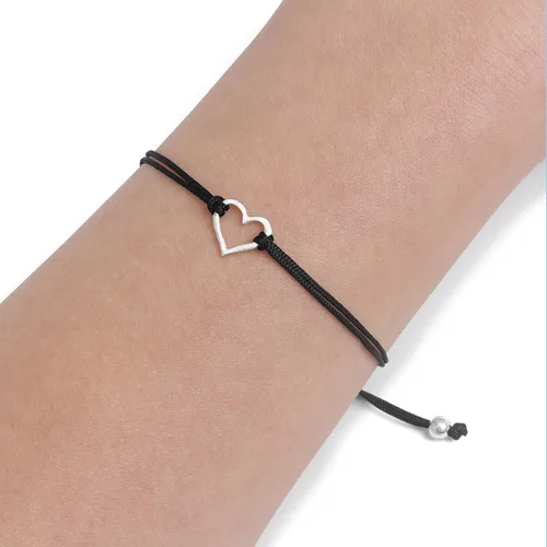 Vista 2 de Pulsera negra de la amistad para mujer, pequeña plata de ley 925 con dije en forma de corazón abierto, hilo ajustable de cordón ajustable, hecho a