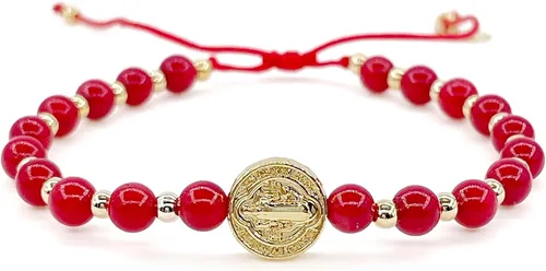 Vista 8 de St Benedict Coin and Natural Round Red Coral Beads Adjustable Bracelet for Women