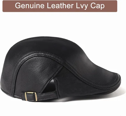 Vista 2 de Gorra plana de piel de cabra para hombre, correa ajustable que se adapta a 22.4-23.6 pulgadas, gorra de conducción negra, gorra de periódico