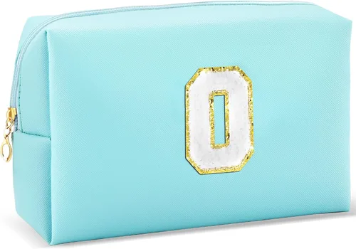 Vista 14 de URSKYTOUS Regalos para niñas, bolsa de maquillaje con inicial, bolsa de cosméticos personalizada con cremallera, bonita bolsa de aseo de viaje, Azul