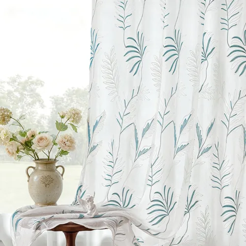 Vista 46 de VISIONTEX 2 paneles de cortinas traslúcidas de 63 in de largo, cortinas de gasa semitransparentes bordadas con hojas florales beige, bolsillo