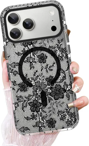 Vista 27 de OOK Funda magnética transparente para iPhone 17, lindo encaje floral negro Encaje Negro Floral