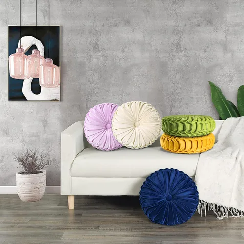 Vista 5 de HIG - Juego de 2 almohadas decorativas redondas plisadas, almohadas de calabaza de acento elegantes con botón central, almohadas de suelo
