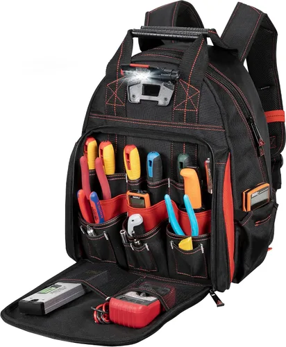 Vista 2 de Hultafors Work Gear HTL523 Mochila iluminada para herramientas, 50 bolsillos, portaherramientas de poliéster balístico resistente, luz giratoria