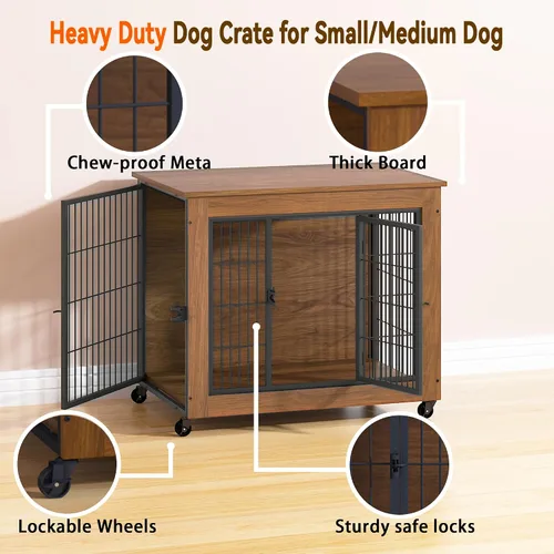 Vista 2 de Mueble de jaula para perros de 32.5 pulgadas con ruedas, mesa de madera resistente para perreras, jaula para mascotas de interior con 2 puertas