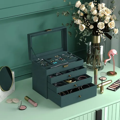 Vista 7 de Somduy Joyero para mujeres y niñas 4 capas organizador de joyas vintage y caja de exhibición almacenamiento de collar de gran capacidad para aretes
