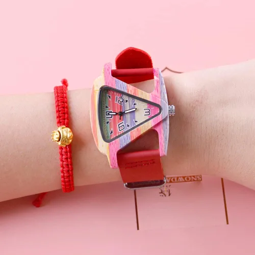 Vista 6 de Reloj triangular de madera para mujer pulsera de cuero de cuarzo reloj de cuarzo de madera correa de cuero de regalo para mujer