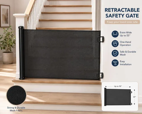 Vista 7 de Puerta de seguridad retráctil para bebés y perros, color negro