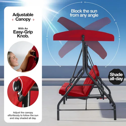 Vista 5 de Columpio para porche, columpio de 3 asientos para patio al aire libre con toldo para adultos, cama deslizante convertible, cojines gruesos