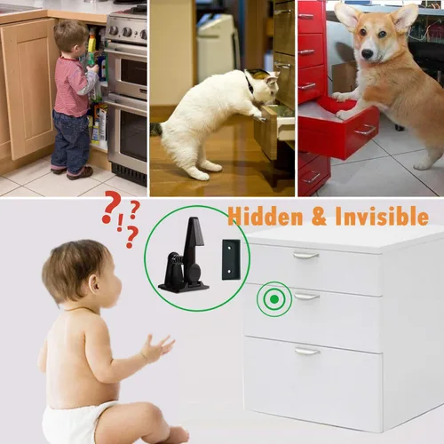 Vista 6 de Cerraduras de seguridad para niños, paquete de 12 cierres adhesivos para cajones a prueba de bebés, para cajones a prueba de bebés, no necesitan