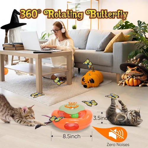 Vista 4 de Pawingcat Juguete interactivo para gatos 3 en 1 de Halloween, juguete para gatos de calabaza, golpear un topo, juguete para gatos con mariposa