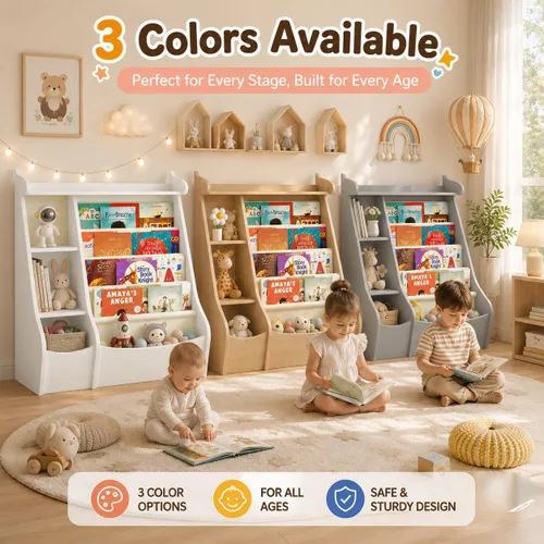 Vista 7 de FKWin - Estantería para niños, organizador de almacenamiento de juguetes, 5 niveles, color gris Montessori