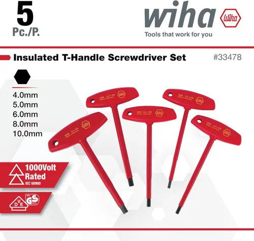 Vista 3 de Wiha Tools 33478 - Juego métrico hexagonal con mango en T aislado con 4.0, 5.0, 6.0, 8.0 y 0.394 in, 5 piezas, multi, talla única
