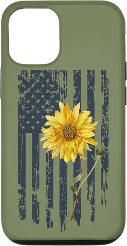 Vista 26 de iPhone 16 Yellow Sunflower Patriotic US American Flag Women Sage Green Case