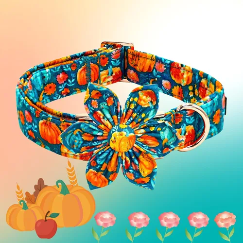 Vista 3 de Collar para perro Elegant little tail de otoño, collares para mascotas de Halloween con flor, lindo estampado de calabaza, collar para cachorro B
