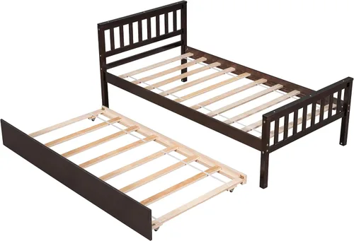 Vista 3 de VECELO Twin Size Platform Bed with Trundle, Solid Wood Twin Bed Frame with Slat Support, 400lbs+200lbs Weight Capacity, No Box Spring Needed