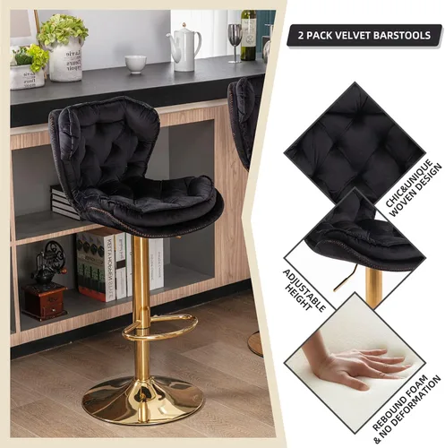 Vista 9 de Taburete de bar moderno giratorio de altura de pub, silla de comedor alta con asiento de terciopelo, respaldo, taburete hidráulico sin brazos, Negro
