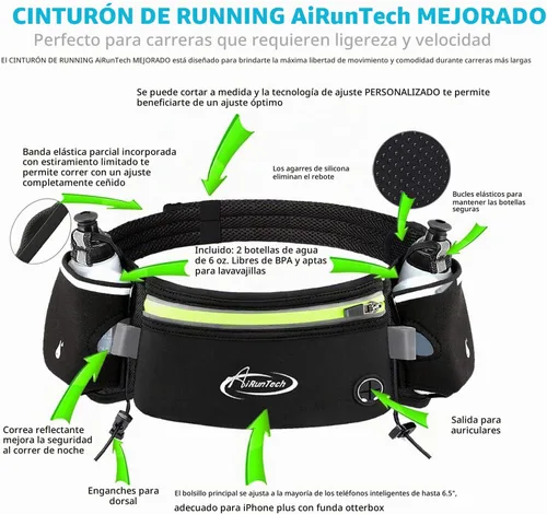 Vista 4 de AiRunTech Cinturón de hidratación para correr con botella de agua, riñonera para teléfono y cartera, bolsa de correr, accesorios esenciales BK+BK