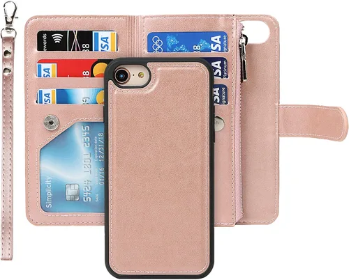 Vista 11 de iCoverCase Funda para iPhone SE (2022)/SE (2020)/7/8/6/6S con tarjetero y soporte para tarjetas, funda magnética desmontable de piel sintética