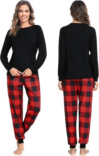 Vista 4 de Sexqero Conjunto de pijama familiar de Navidad a juego para parejas, ropa de dormir con botones y manga larga, a cuadros, conjunto de descanso S-XXL