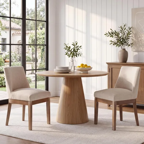 Vista 17 de HNY Juego de 2 sillas de comedor modernas con cómodo soporte de espalda, sillas de comedor tapizadas de lino suave con patas de madera maciza