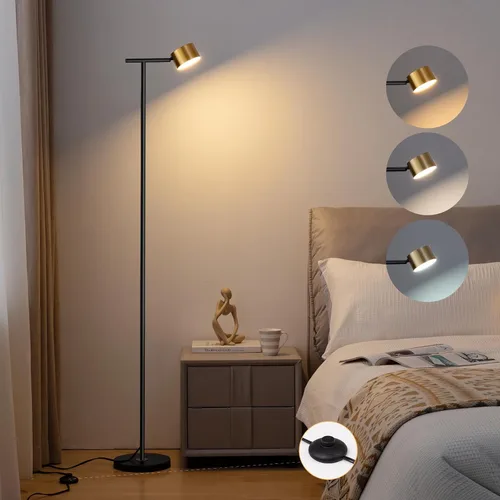 Vista 7 de Lámpara de pie para dormitorio, 3 temperaturas de color, lámpara de pie minimalista con tapa de lámpara flexible, lámparas de pie modernas doradas