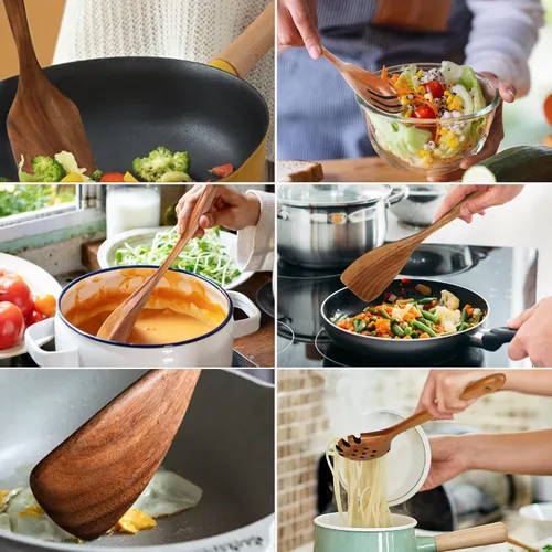 Vista 3 de Juego de 10 utensilios de cocina de madera para cocinar, cucharas de madera y espátula (10)