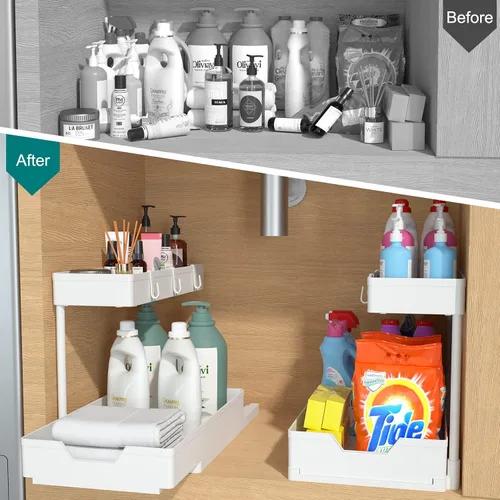 Vista 2 de IRONBOX Organizador para debajo del fregadero, paquete de 2 organizadores de baño extraíbles en forma de L, estante deslizante para almacenamiento