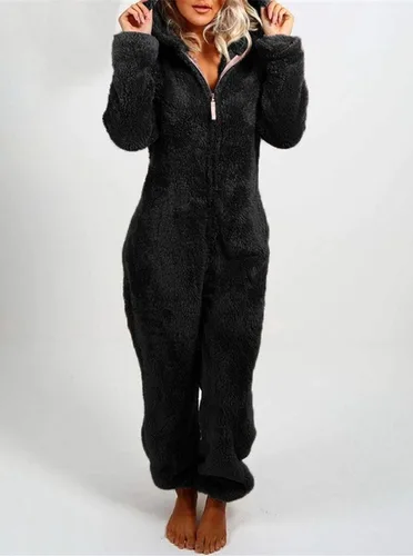 Vista 5 de chouyatou Pijama de Romper de Sherpa de Felpa Ultra Cómodo para Mujer con Capucha Linda de Orejas de Felpa Negro