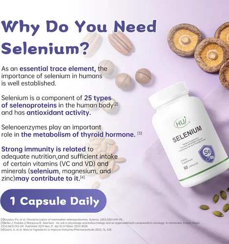 Vista 4 de HUJ Suplemento de selenio, 60 cápsulas, soporte antioxidante, suplemento mineral