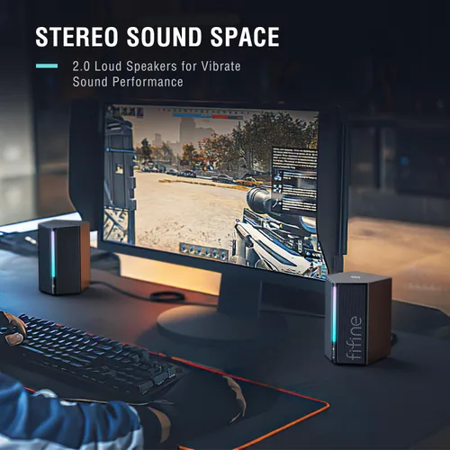 Vista 8 de FIFINE Altavoces de computadora, altavoces de computadora de escritorio con control de volumen, altavoces RGB para juegos con cable de audio