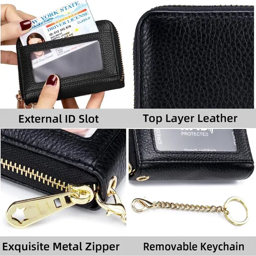 Vista 4 de Tapp Collections Tarjetero RFID para tarjetas de crédito, cartera pequeña de cuero con cremallera para tarjetas con ventana de identificación