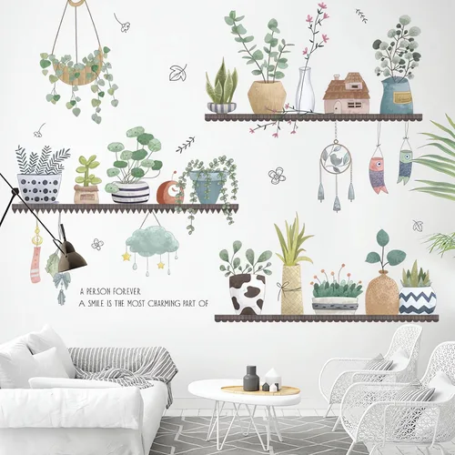 Vista 3 de Calcomanías de pared en maceta con plantas verdes frescas, hojas de sacinora para jardín, calcomanías de pared extraíbles de vinilo para despegar